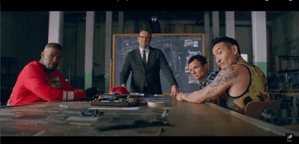 Bats (Jamie Foxx), Doc (Kevin Spacey), Eddie (Flea), and JD (Lanny Joon) in Baby Driver.
