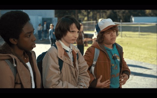 Lucas (Caleb McLaughlin), Mike (Finn Wolfhard), and Dustin (Gaten Matarazzo)