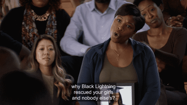 LaWanda asking why Black Lightning rescued Jefferson's kids but nobody else's.