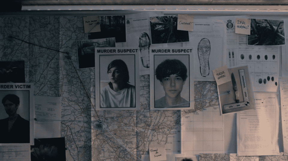 The End of the Fing World - Alyssa and James' names on a corkboard noting they are murder suspects