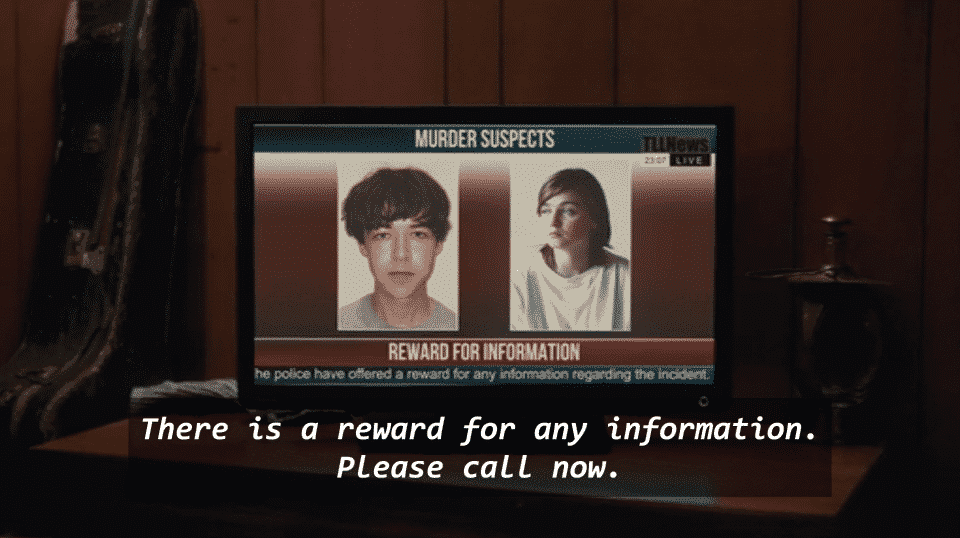 James and Alyssa being shown as wanted murder suspects with an award for information.