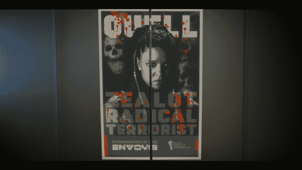 A poster of Quell before a Envoy museum exhibit.