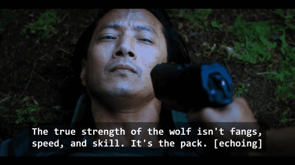 Quell telling Takeshi that a wolf's true strength is their pack.