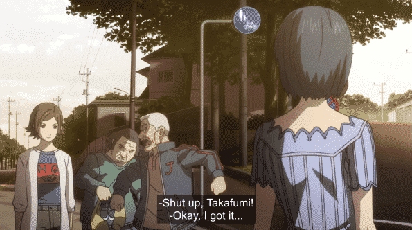 Grandpa yelling at Takafumi for being an idiot.