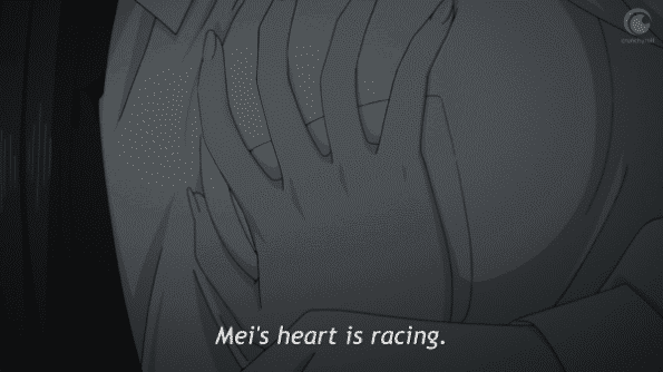 Yuzu's hand on Mei's chest, feeling her heartbeat.