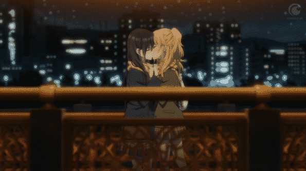 Yuzu and Mei kissing on a bridge.