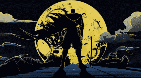 Batman facing a yellow moon.