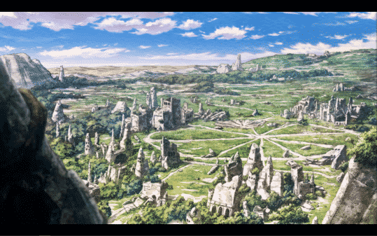 A landscape image showing what looks like a battle torn town.