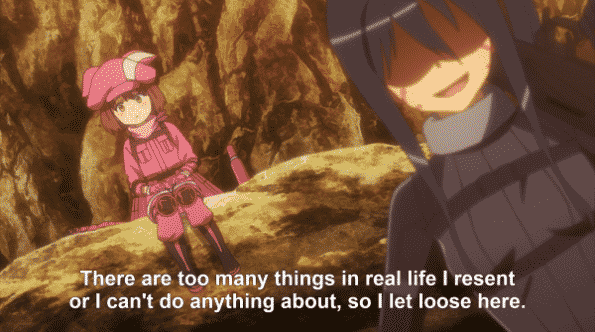 Pito revealing her reason for being in GGO is to let off steam to deal with stuff she has no control over.