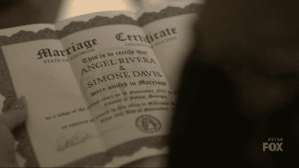 Simone and Angel's marriage certificate.