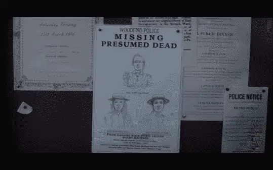 A poster noting Miranda, Marion, and Ms. McCraw missing.