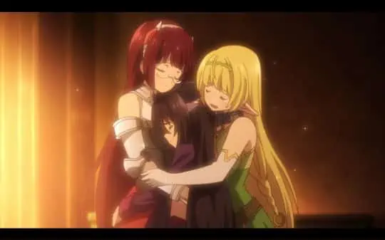 Alicia, Rem, and Shera hugging after Rem reveals she has the demon lord sealed within her.