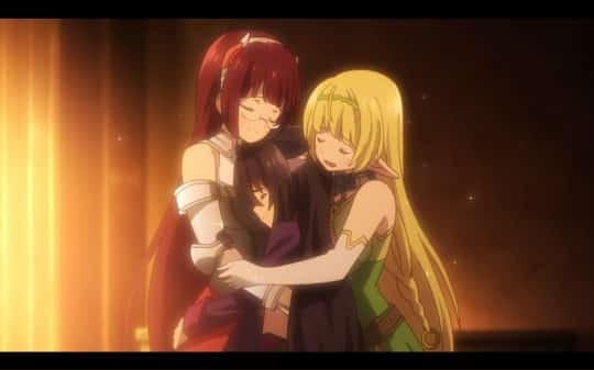 Alicia, Rem, and Shera hugging after Rem reveals she has the demon lord sealed within her.