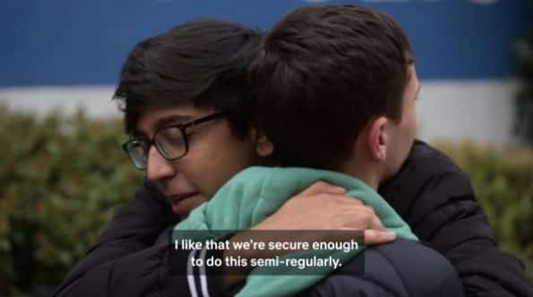Zahid thanking and hugging Sam after he claims the pot Zahid was smoking was his.