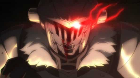 Goblin Slayer with blood coming out his helmet and one of his eyes glowing red.