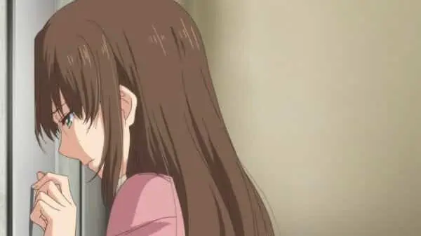 Hina with her head pressed against the door after having a fight with her boyfriend.