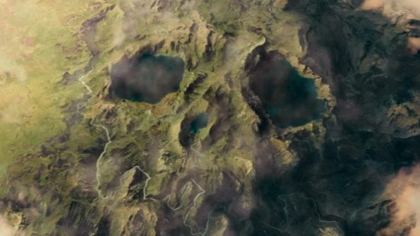 A skull formed by the appearance of a few lakes and mountain ranges.