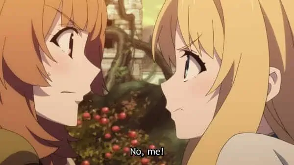 Raphtalia and Filo fighting over a piece of fruit, and Naofumi.