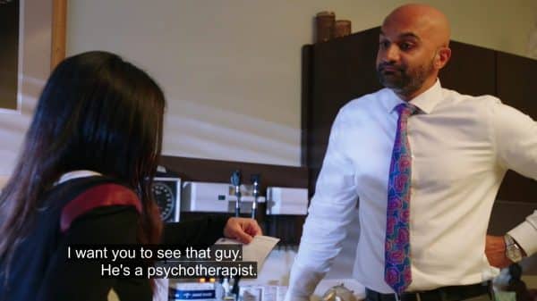 Dr. Babu (Usman Ally) referring Sam to a psychotherapist.