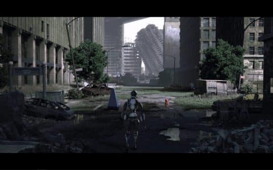 The robots walking through the apocalyptic landscape.