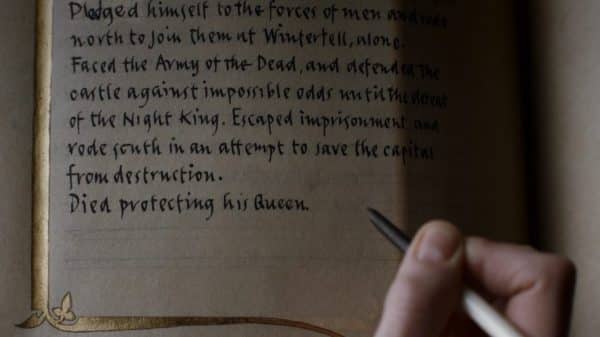 Brienne finishing Jamie's story in the book of the Kingsguard.