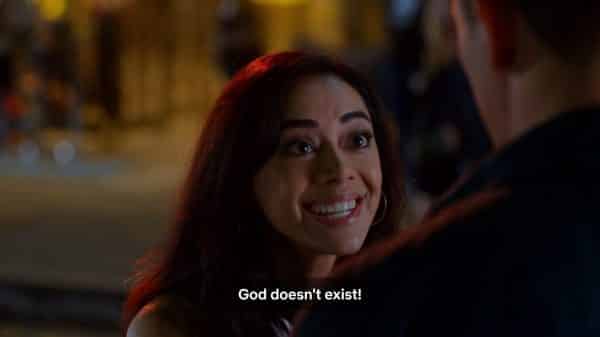 Ella saying God doesn't exist.