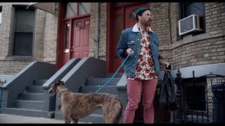 Hipster (David Ebert) walking his greyhound.