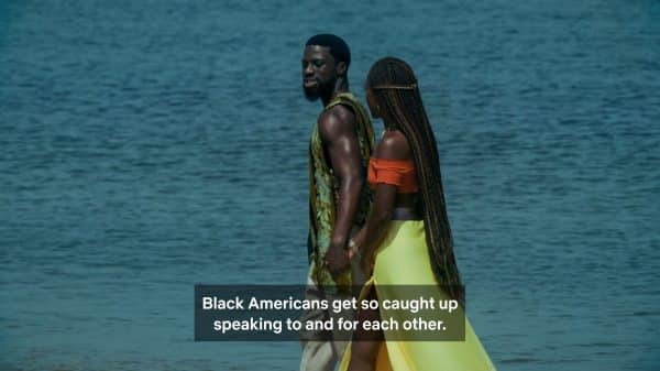 Olu (Michael Luwoye) commenting on how Black Americans get caught up speaking to and for one another.