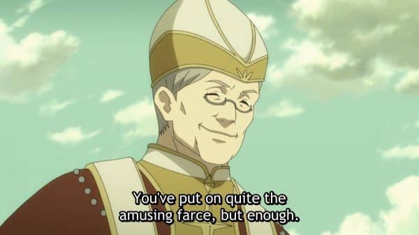 Pope Balmus amused by Naofumi shielding everyone from his attack.