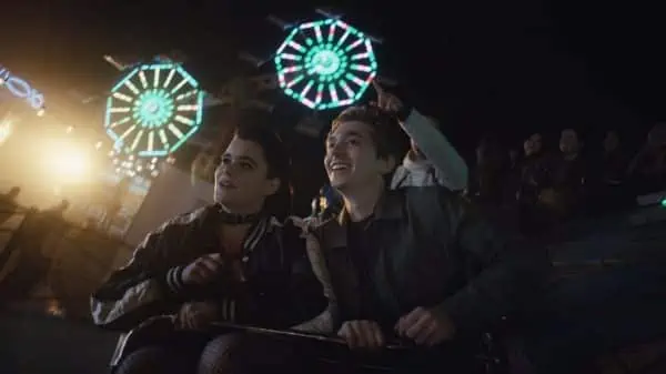 Kat & Ethan (Austin Abrams) on a roller coaster.