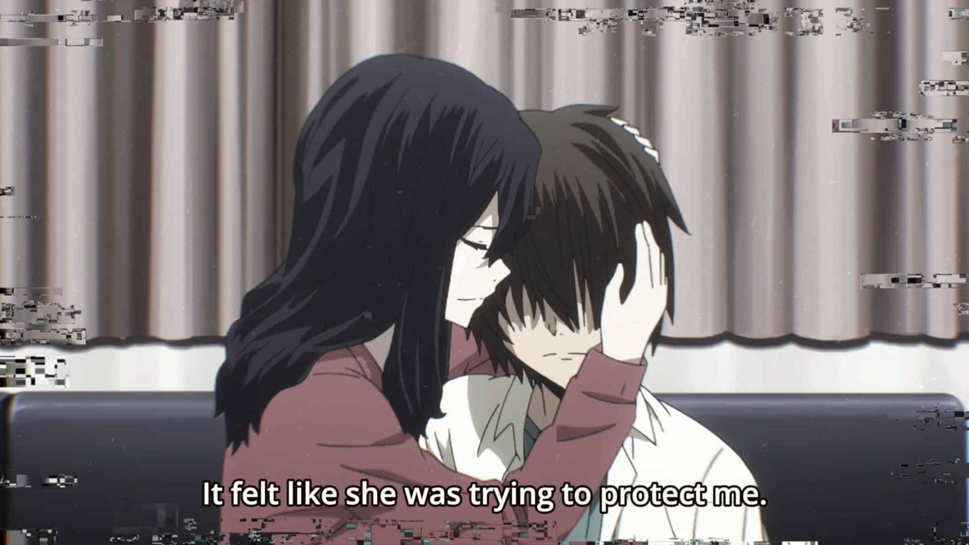 Elena (Hanazawa Kana) embracing Shuuichi (Hanae Natsuki) as he deals with the death of his parents | Gleipnir