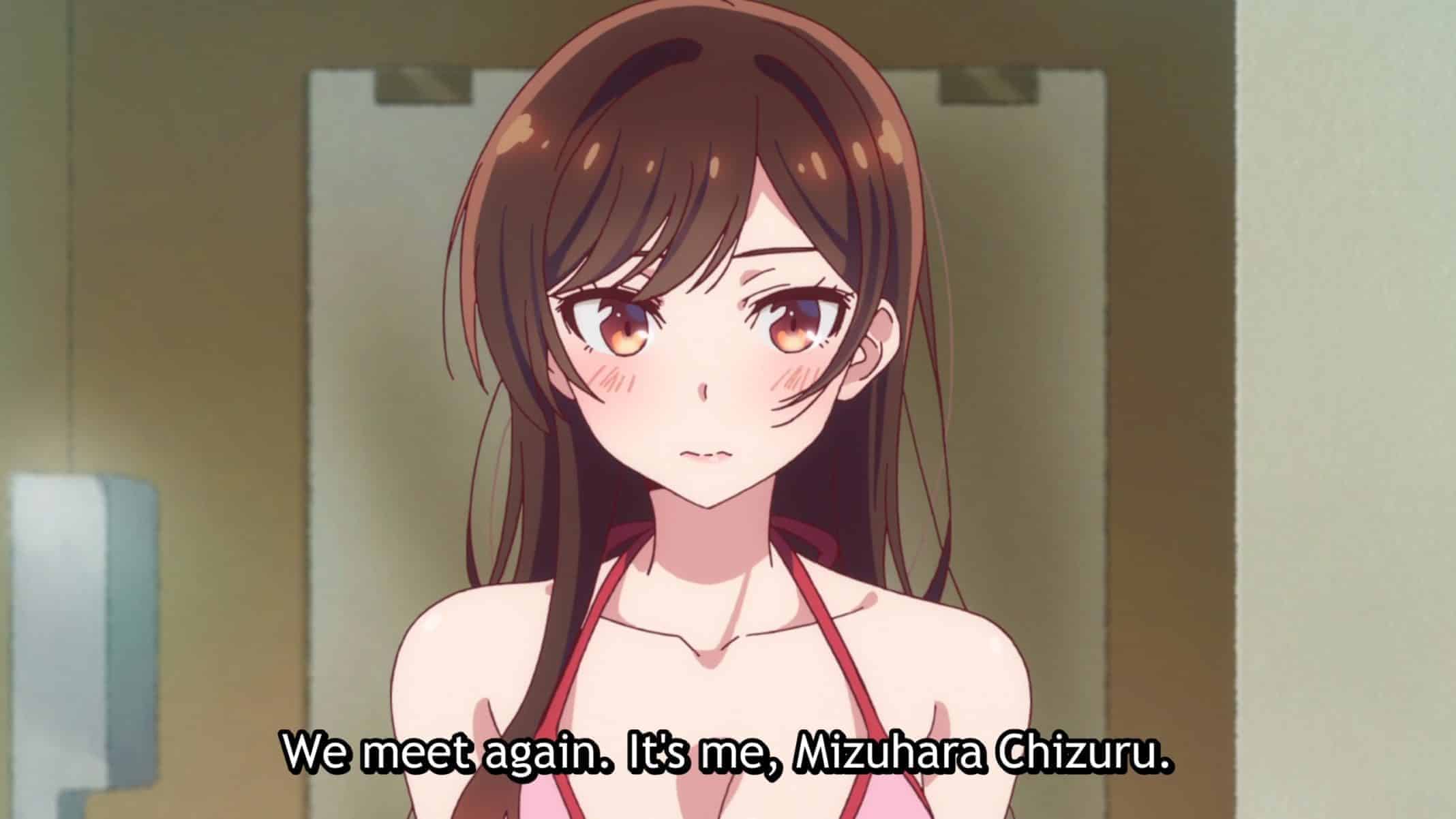 Chizuru stepping out of a bathroom in a swim suit.