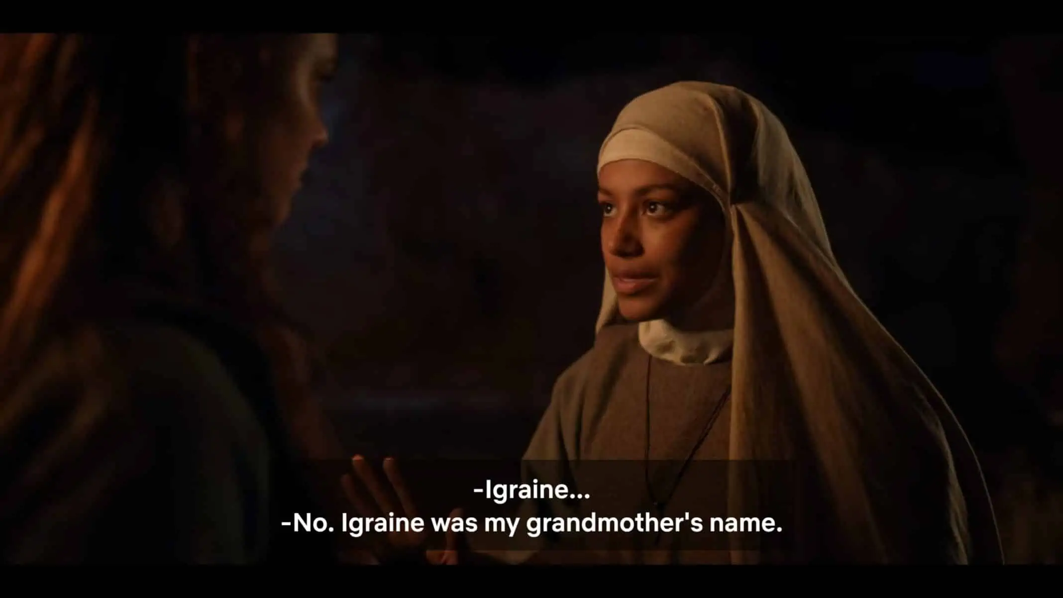 Morgana (Shalom Brune-Franklin) revealing her name isn't Igraine - that's her grandmother's name.