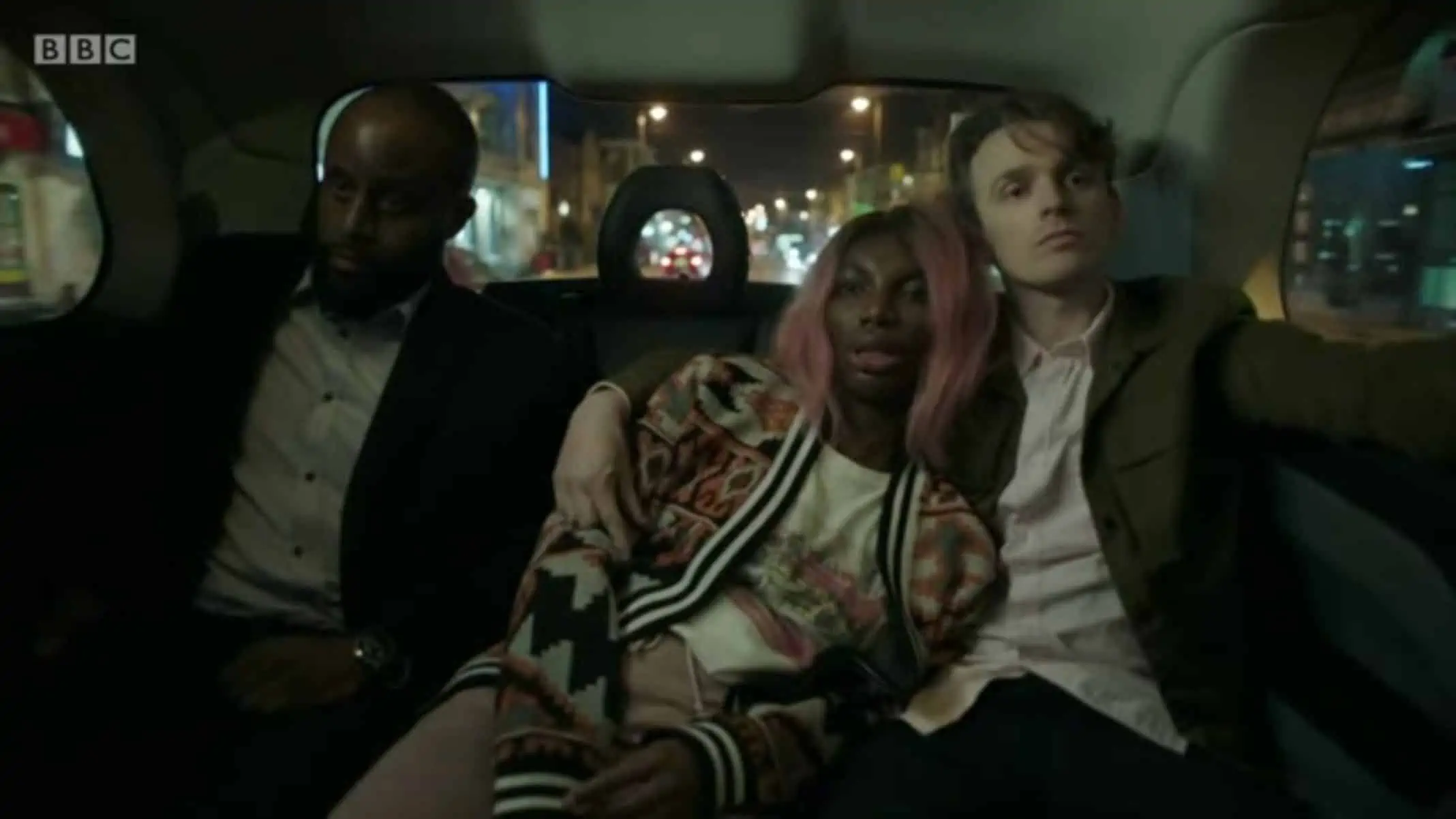 Tariq (Chin Nyenwe), Arabella (Michaela Coel) and David (Lewis Reeves) going to the place Arabella was assaulted.