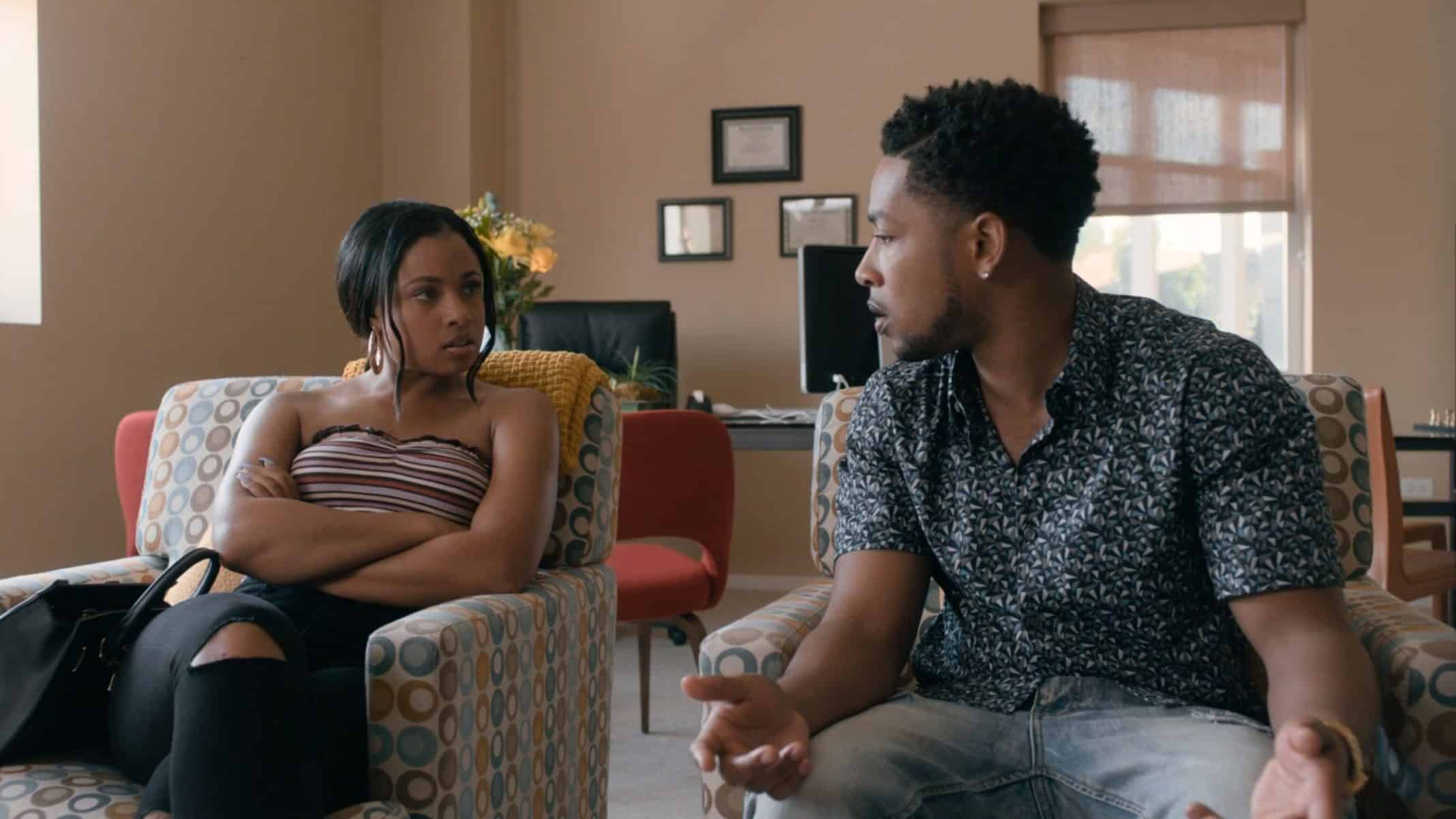 Tiffany (Hannaha Hall) and Emmett (Jacob Latimore) in couples therapy