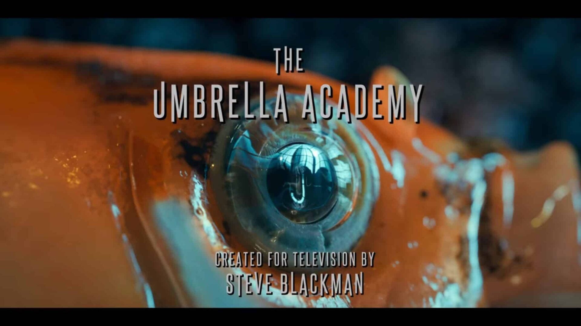 AJ's eye featuring the Umbrella Academy's title card.