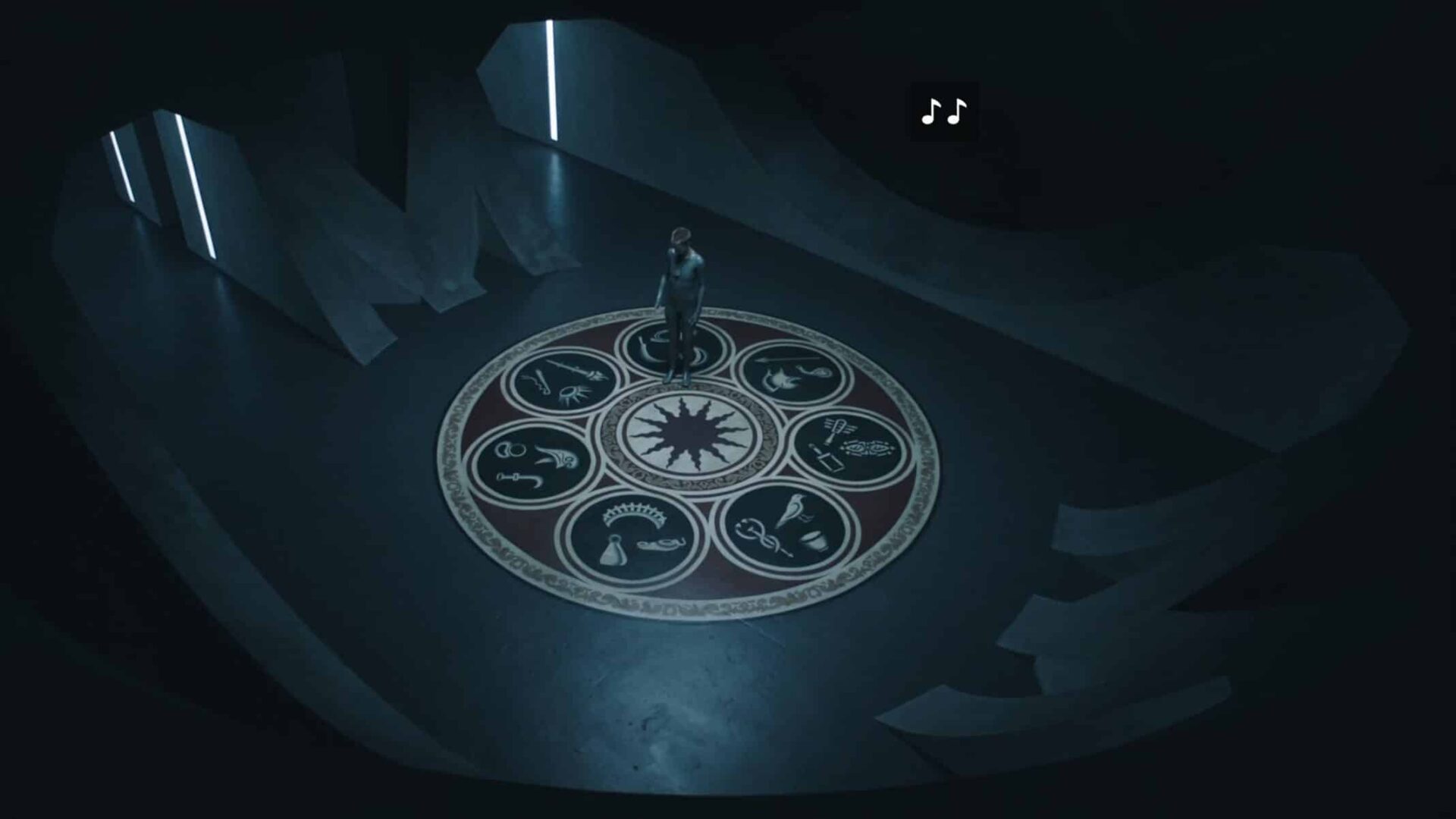 Mother, in a dream, looking down at a floor with multiple symbols.