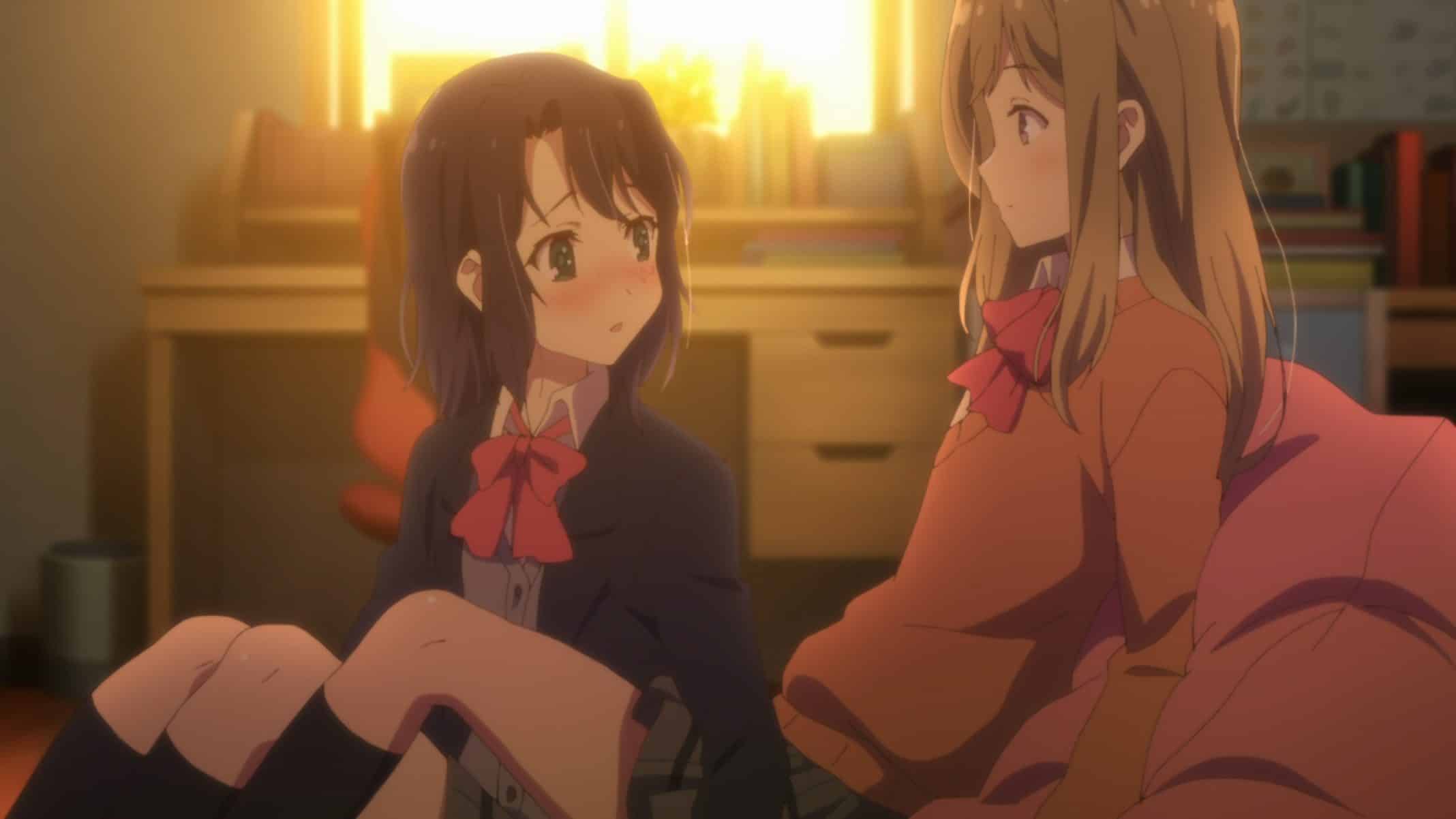 Adachi and Shimamura looking at one another as Adachi is between Shimamura's legs.