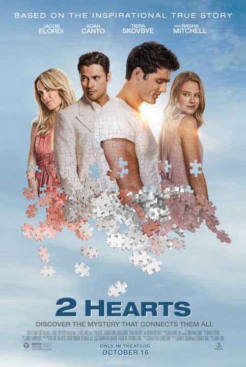 2 Hearts movie poster featuring Jorge (Adan Canto) and Leslie (Radha Mitchell), as well as Sam (Tiera Skovbye) and Chris (Jacob Elordi)