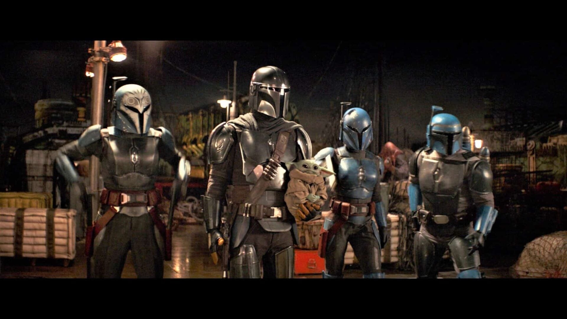 Axe (Simon Kassianides), Bo-Katan (Katee Sachoff), Koska Reeves (Mercedes 'Sasha Banks' Varnado) and Din standing together