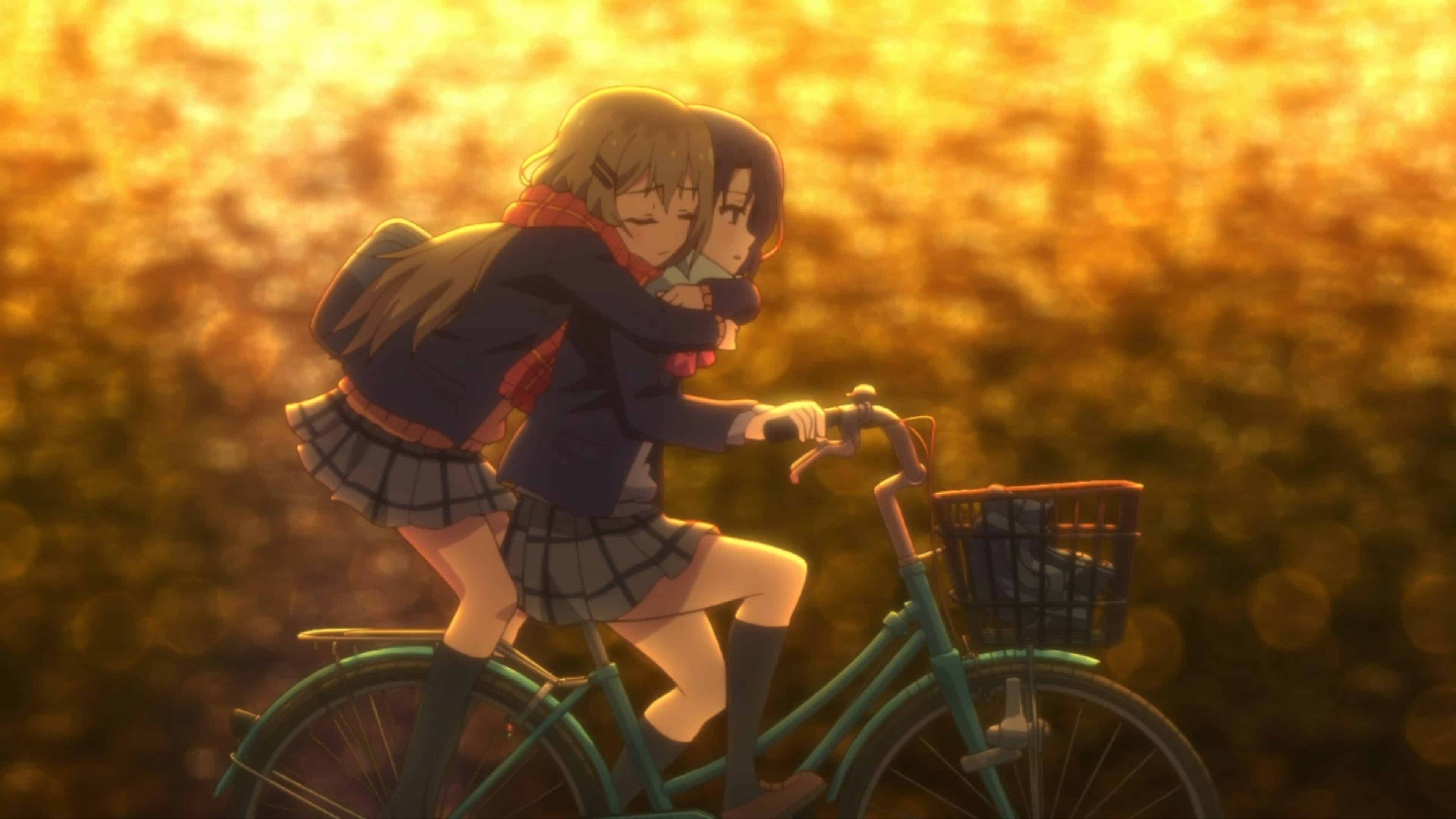 Shimamura on the back of Adachi's bike