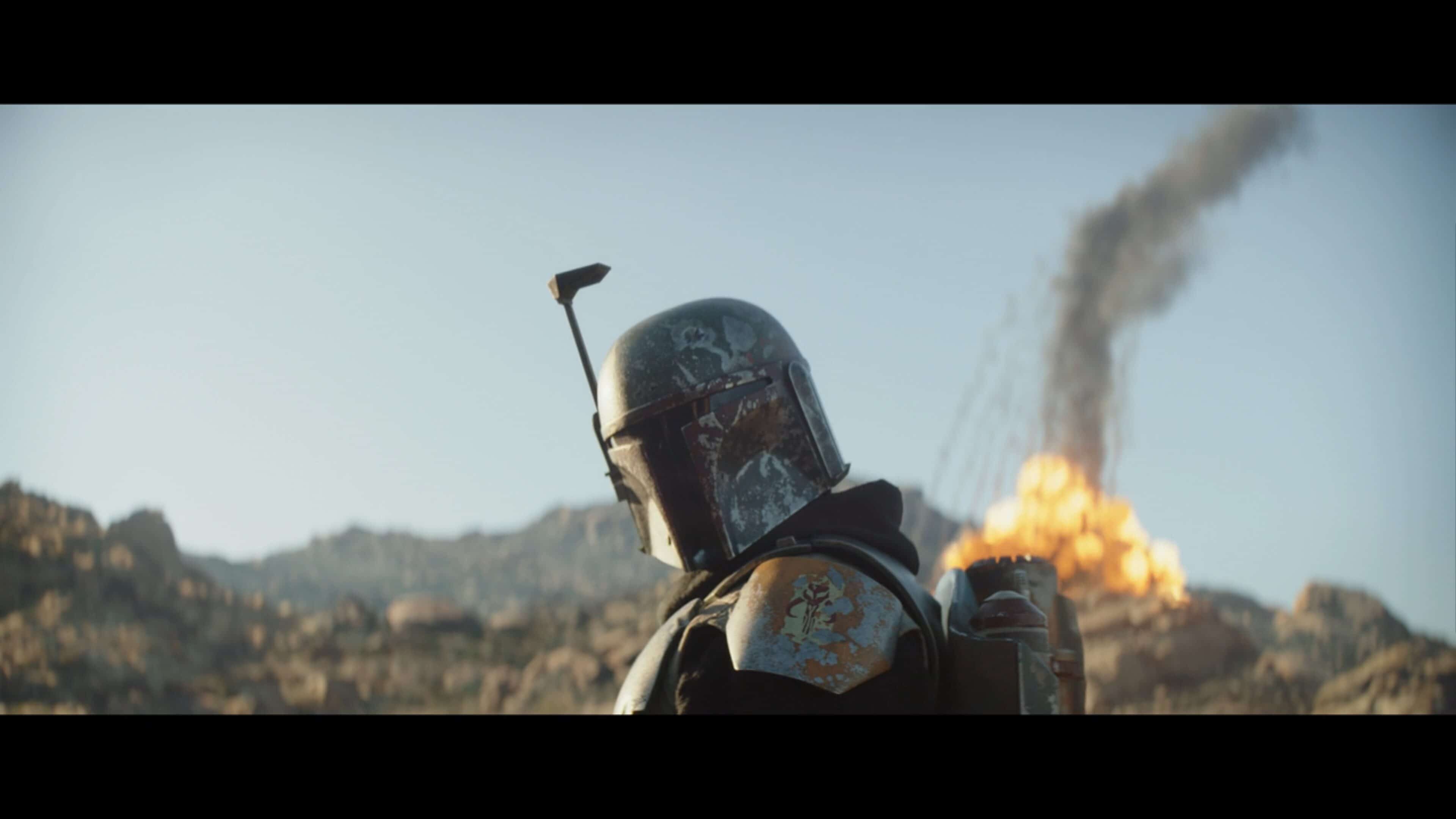 Boba Fett with an explosion behind him
