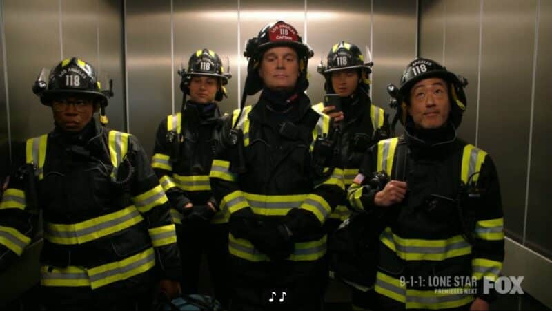 Hen, Eddie, Bobby, Buck, and Chim in a elevator going to save people from a bus that crashed into the building