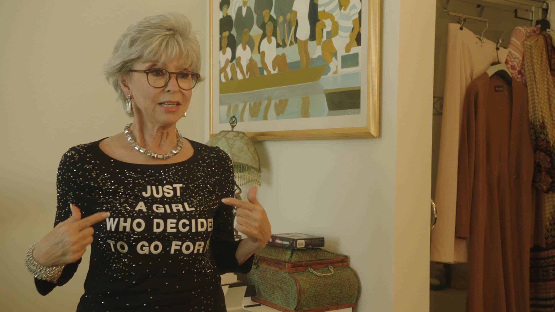 Rita Moreno with a shirt on that says the title of the movie