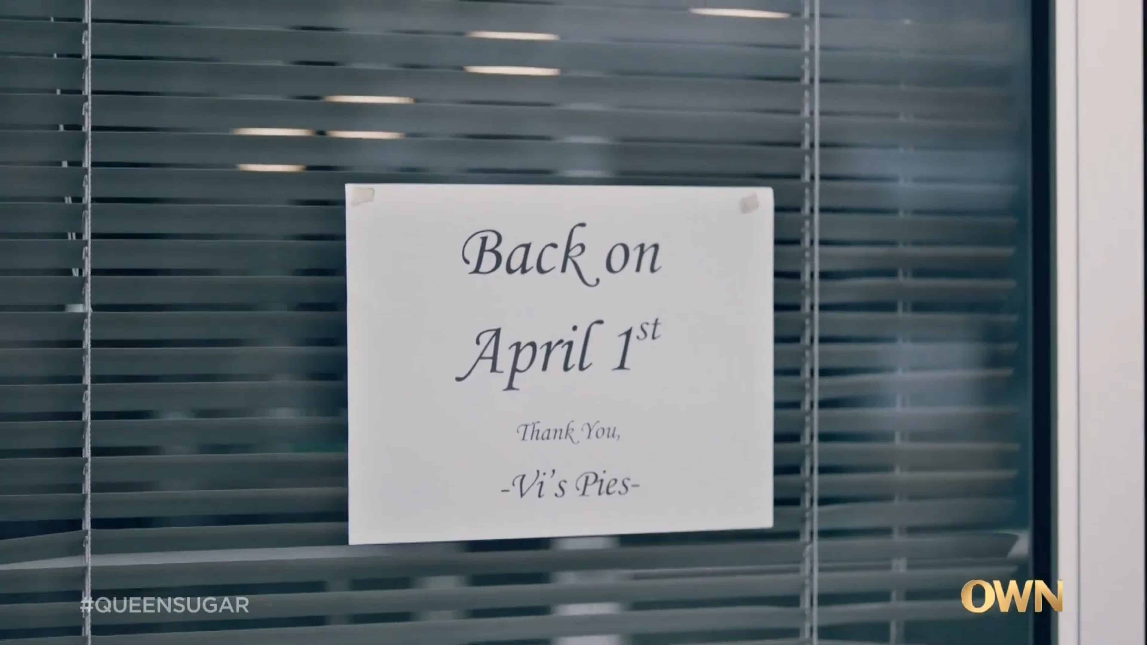 A sign outside of Aunt Vi's pie shop noting they'll be back April 1st