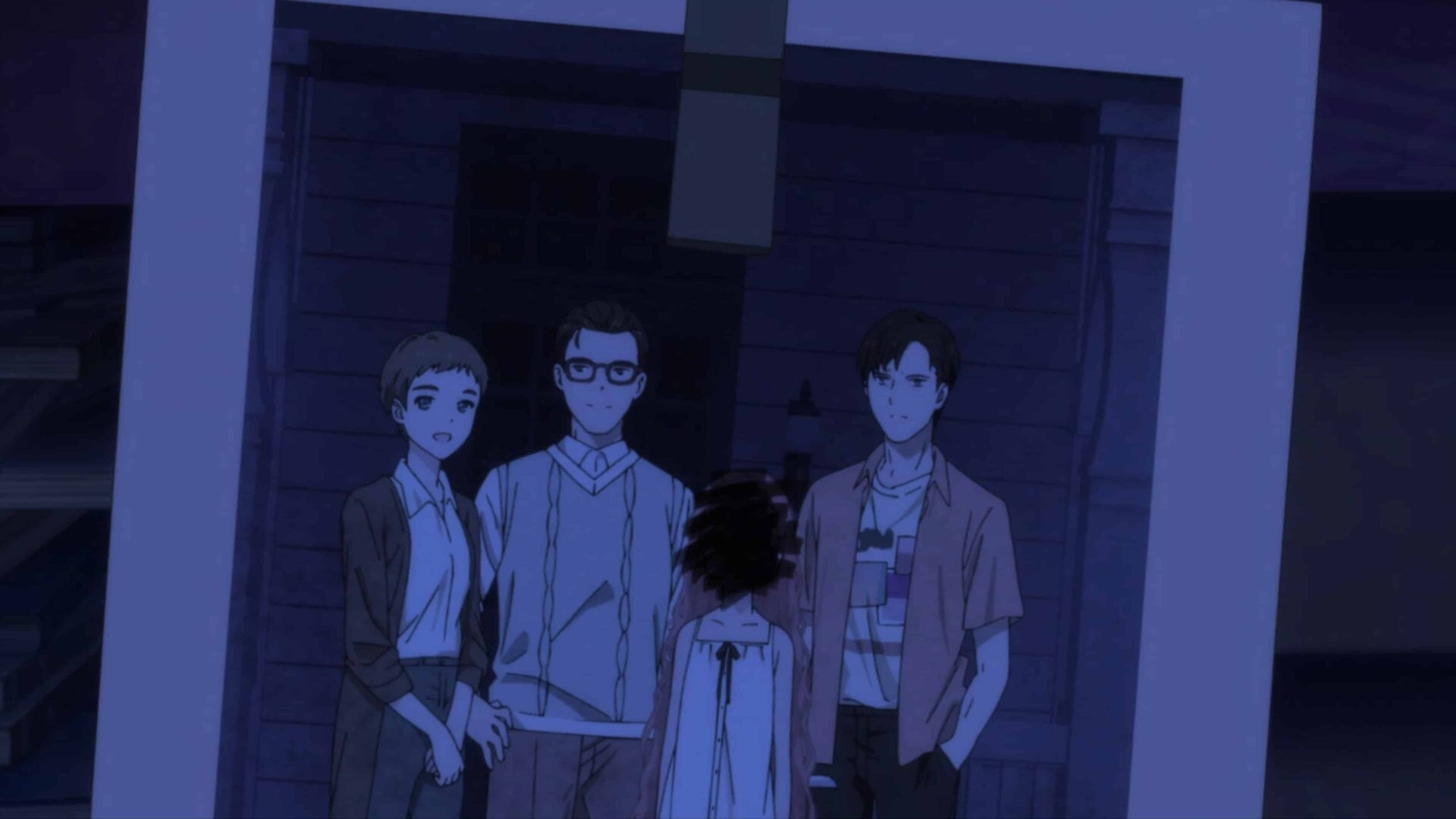 Azusa, Acca, Frill, and Ura-Acca in a family picture, with Frill's face blacked out