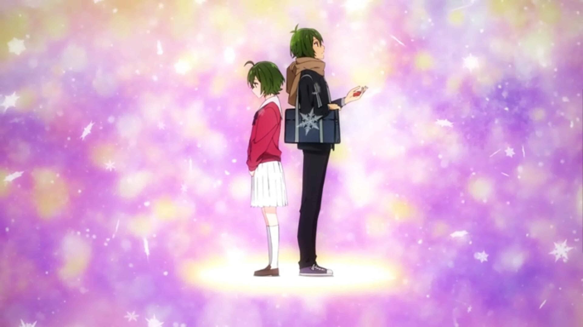 Motoko (Hisako Kanemoto) and Shu (Y. Chang) back to back, wondering if their sibling hates them