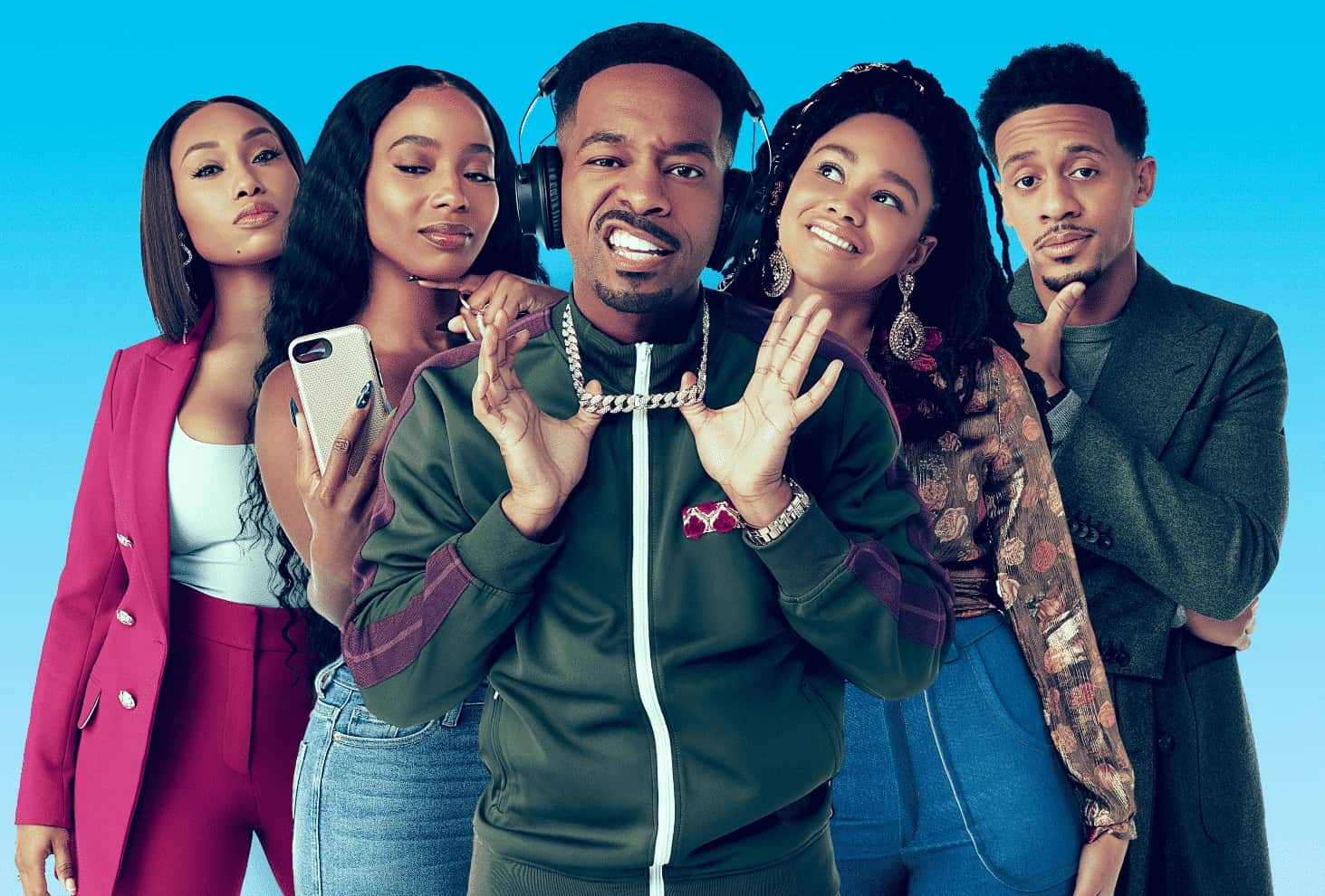 The Ride or Die 5 of BET+s Bigger | Featuring, from left to right Veronica (Angell Conwell), Tracey (Rasheda Crockett), Vince (Angell Conwell), Layne (Tanisha Long), and Deon (Chase Anthony)