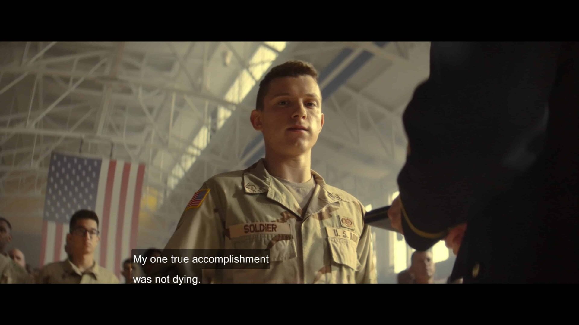 Tom Holland as Cherry talking about his only accomplishment was not dying.
