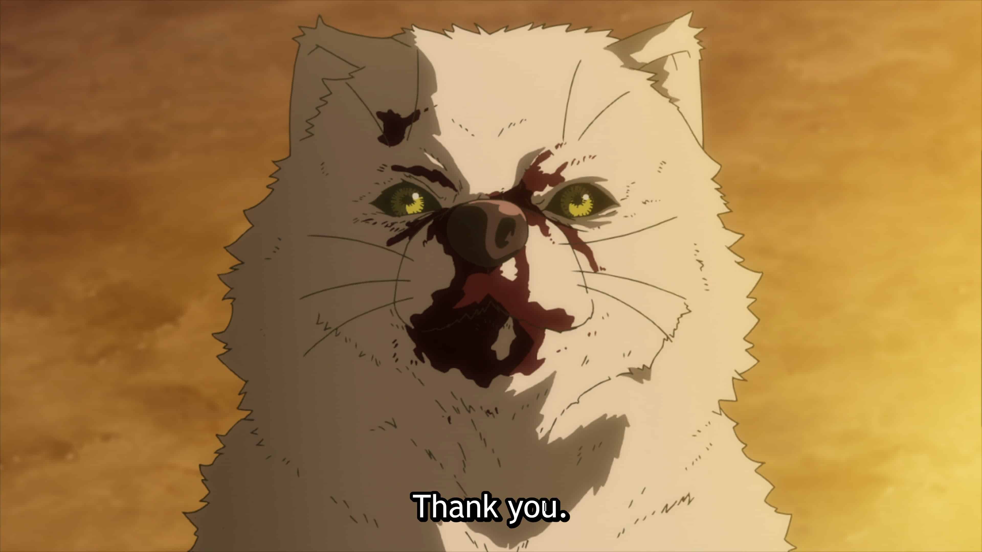 Fushi, in wolf form, saying "Thank you."